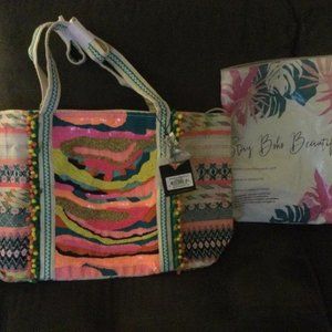 America & Beyond Tote Daphne Large Crossbody Zip Top Beaded Tote Colorful New